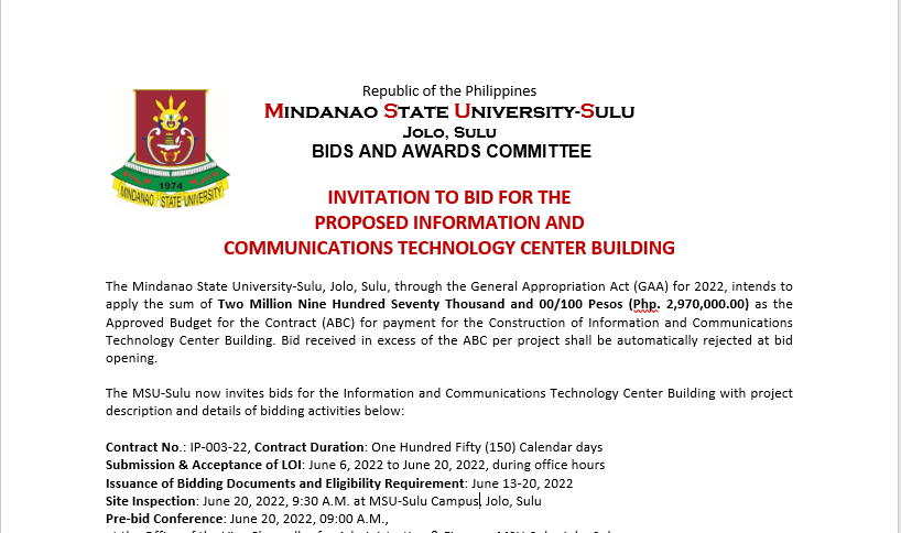 INVITATION TO BID FOR THE PROPOSED INFORMATION AND  COMMUNICATIONS TECHNOLOGY CENTER BUILDING
