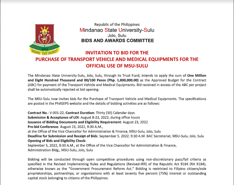 INVITATION TO BID FOR THE  PURCHASE OF TRANSPORT VEHICLE AND MEDICAL EQUIPMENTS FOR THE  OFFICIAL USE OF MSU-SULU