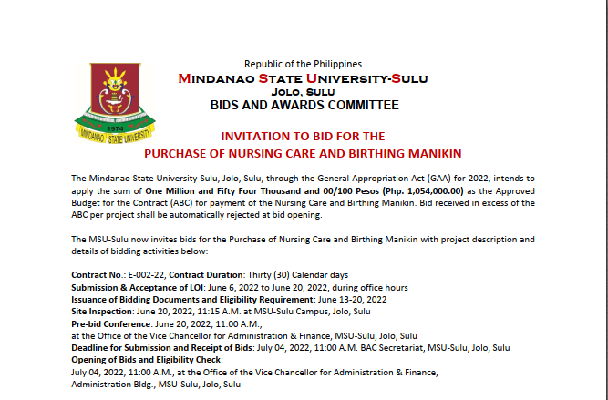 INVITATION TO BID FOR THE PURCHASE OF NURSING CARE AND BIRTHING MANIKIN
