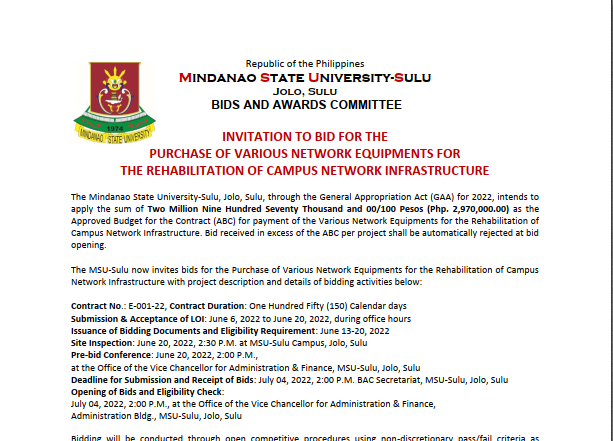 INVITATION TO BID FOR THE PURCHASE OF VARIOUS NETWORK EQUIPMENTS FOR  THE REHABILITATION OF CAMPUS NETWORK INFRASTRUCTURE