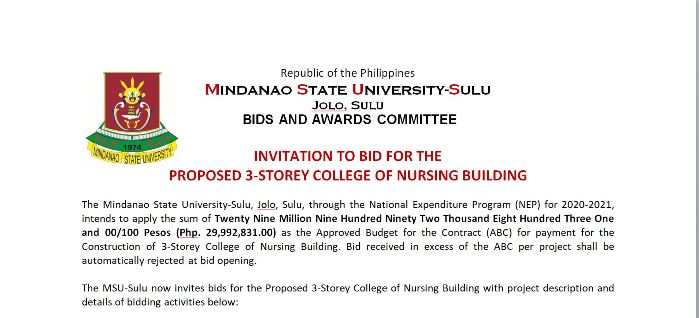 INVITATION TO BID FOR THE PROPOSED 3-STOREY COLLEGE OF NURSING BUILDING